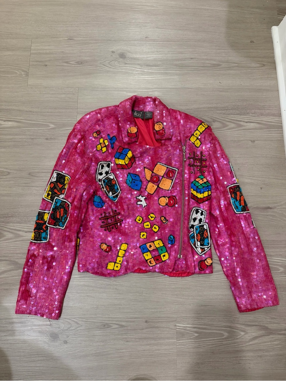 Modi Pink Sequin Embellished Game-Print Jacket. Vintage (some sequins missing)
